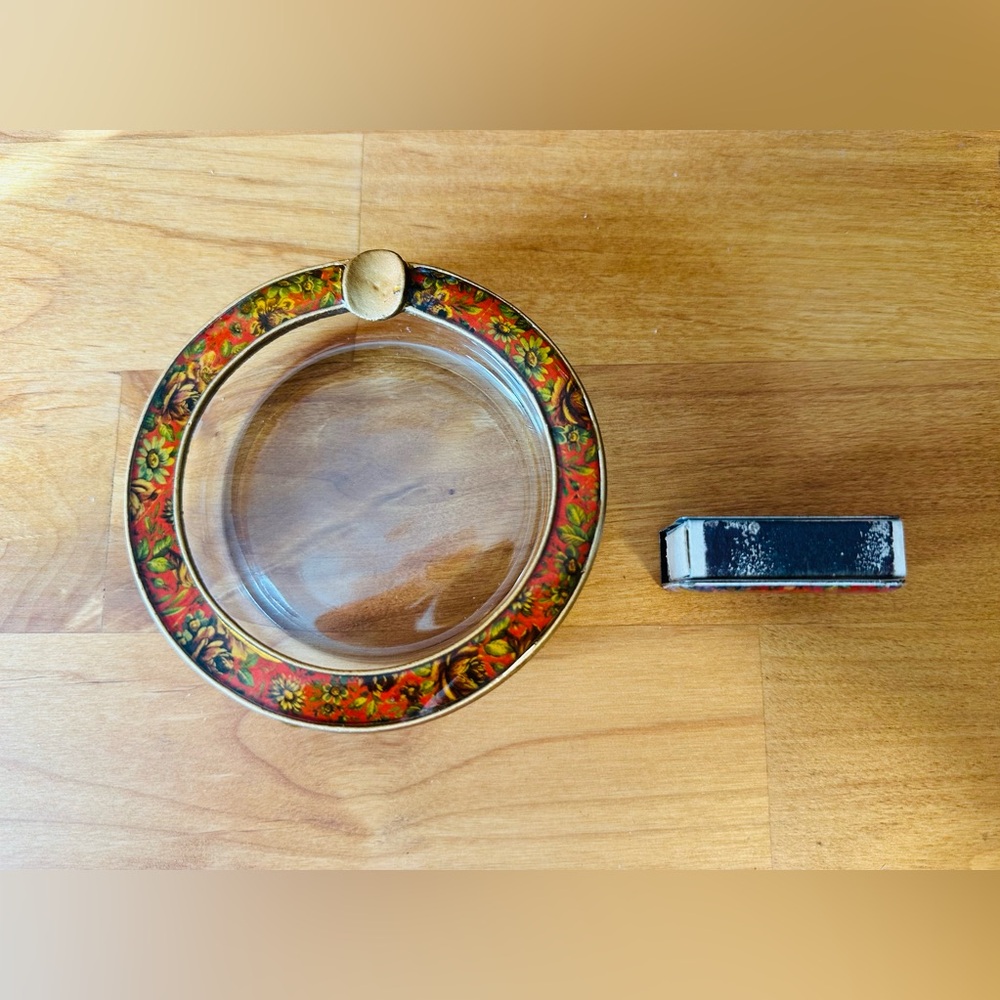 Vintage Glass Ashtray Floral Enameled Metal Rose Flower W/ Matching Matchbox - Picture 3 of 4